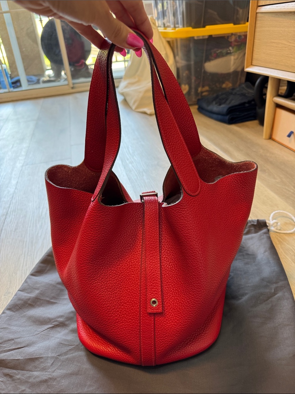 Hermes Taurillon Clemence Picotin Lock 26 GM Rouge Casaque